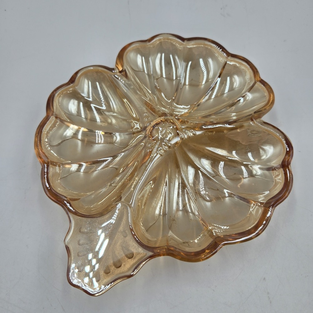 Vintage Jeannette Marigold Carnival Glass Clover Trinket Candy Dish Grandmacore